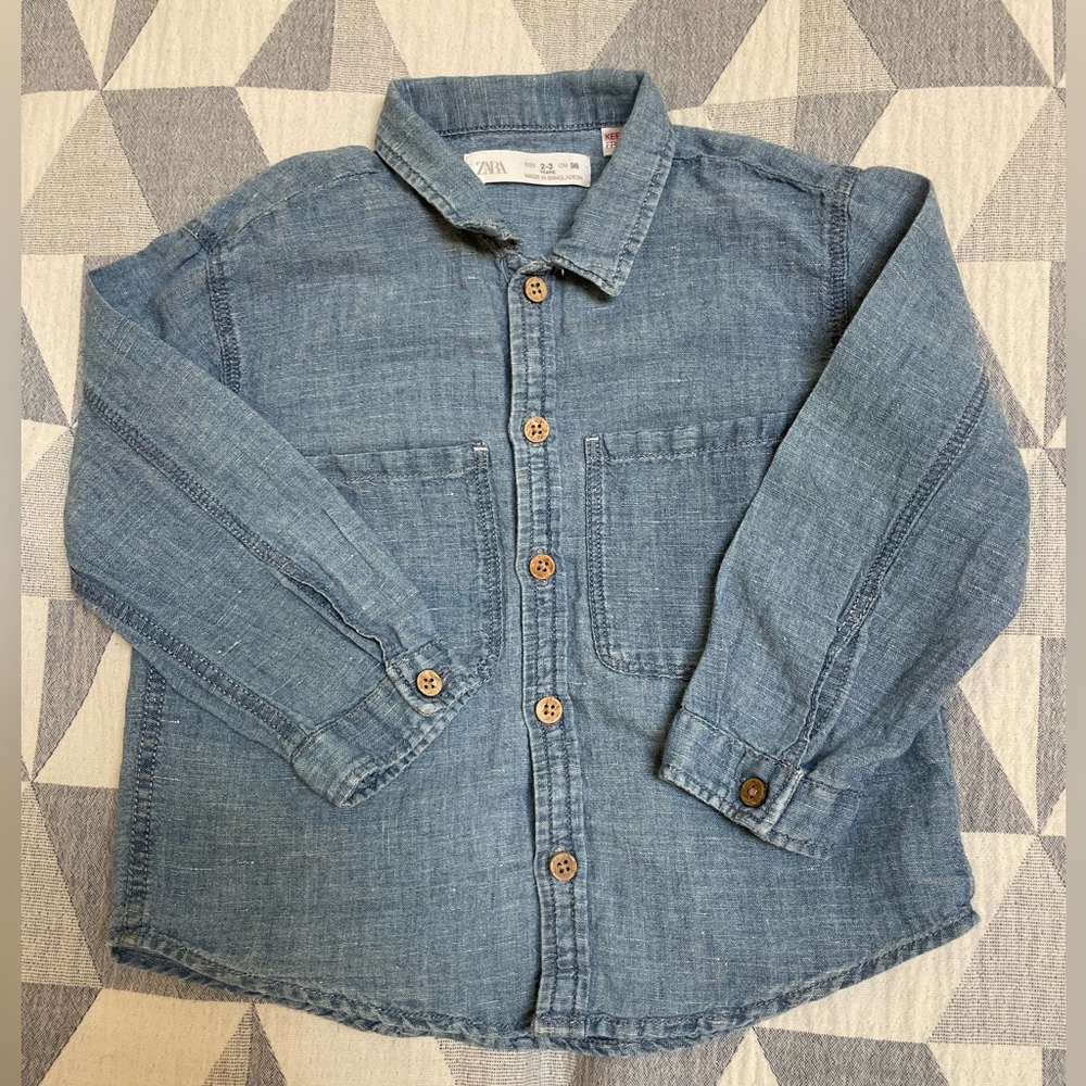 Zara Kids Light Blue Denim Shirt with Wooden Buttons